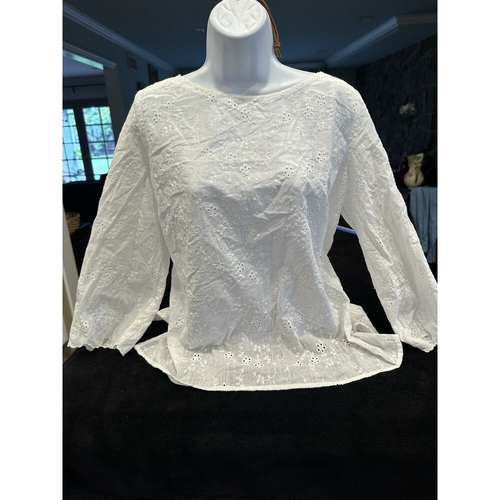 Liz Claiborne Eyelet‎ Top sz M 3/4 Sleeve White Cottagecore Peasant Romantic